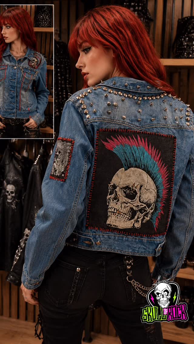 Chaqueta de mezclilla intervenida con parches personalizados y tachas metálicas.