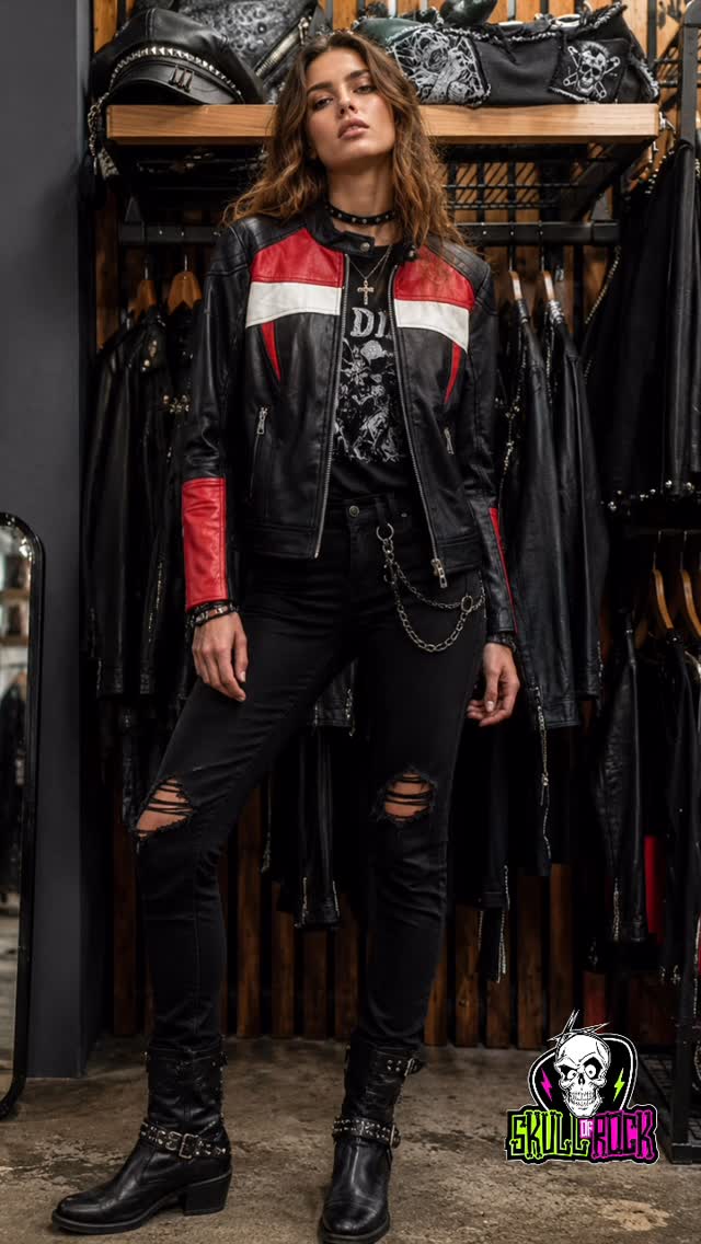 Chaqueta de ecocuero en negro, rojo y blanco, con detalles de inspiración racing.