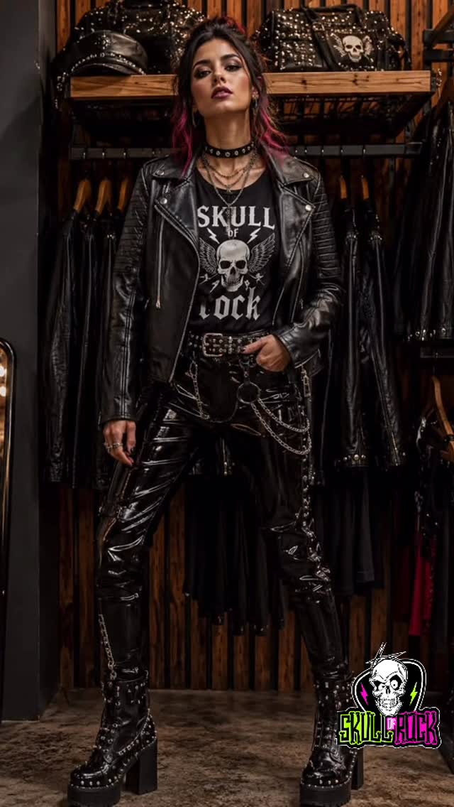 Look negro con chaqueta, polera de calavera, cadenas y accesorios Skull of Rock.