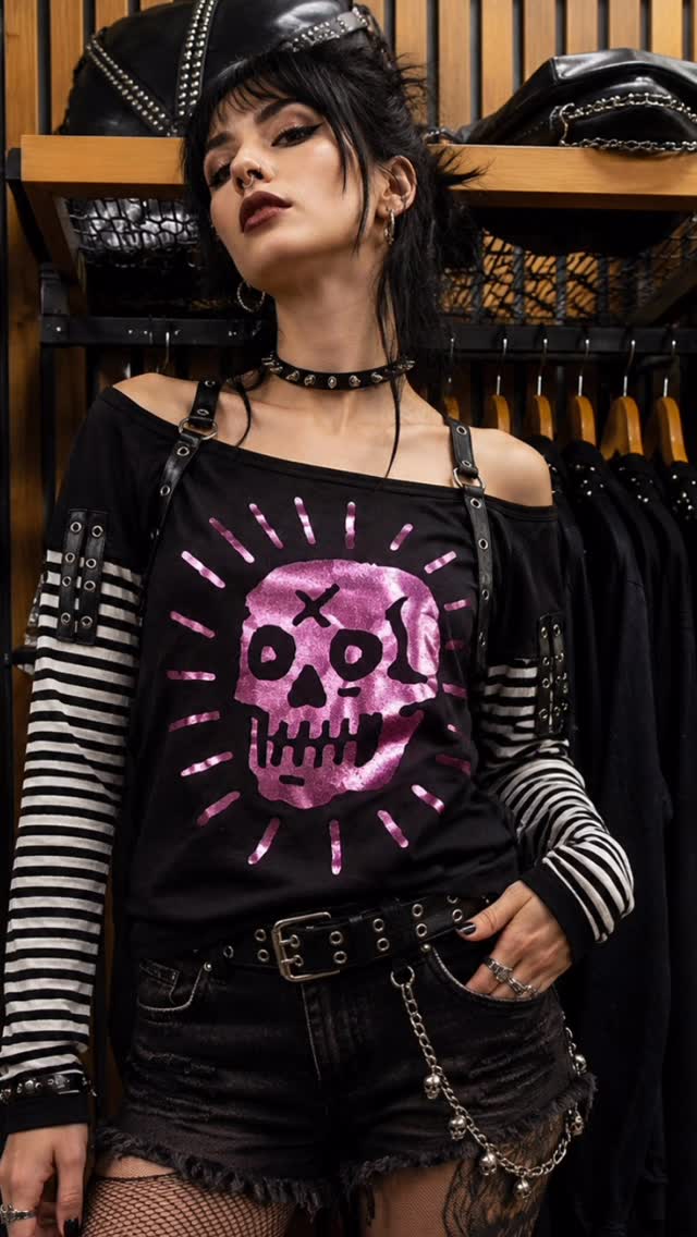 Polera negra con calavera rosada, tirantes con ojetillos y mangas rayadas.