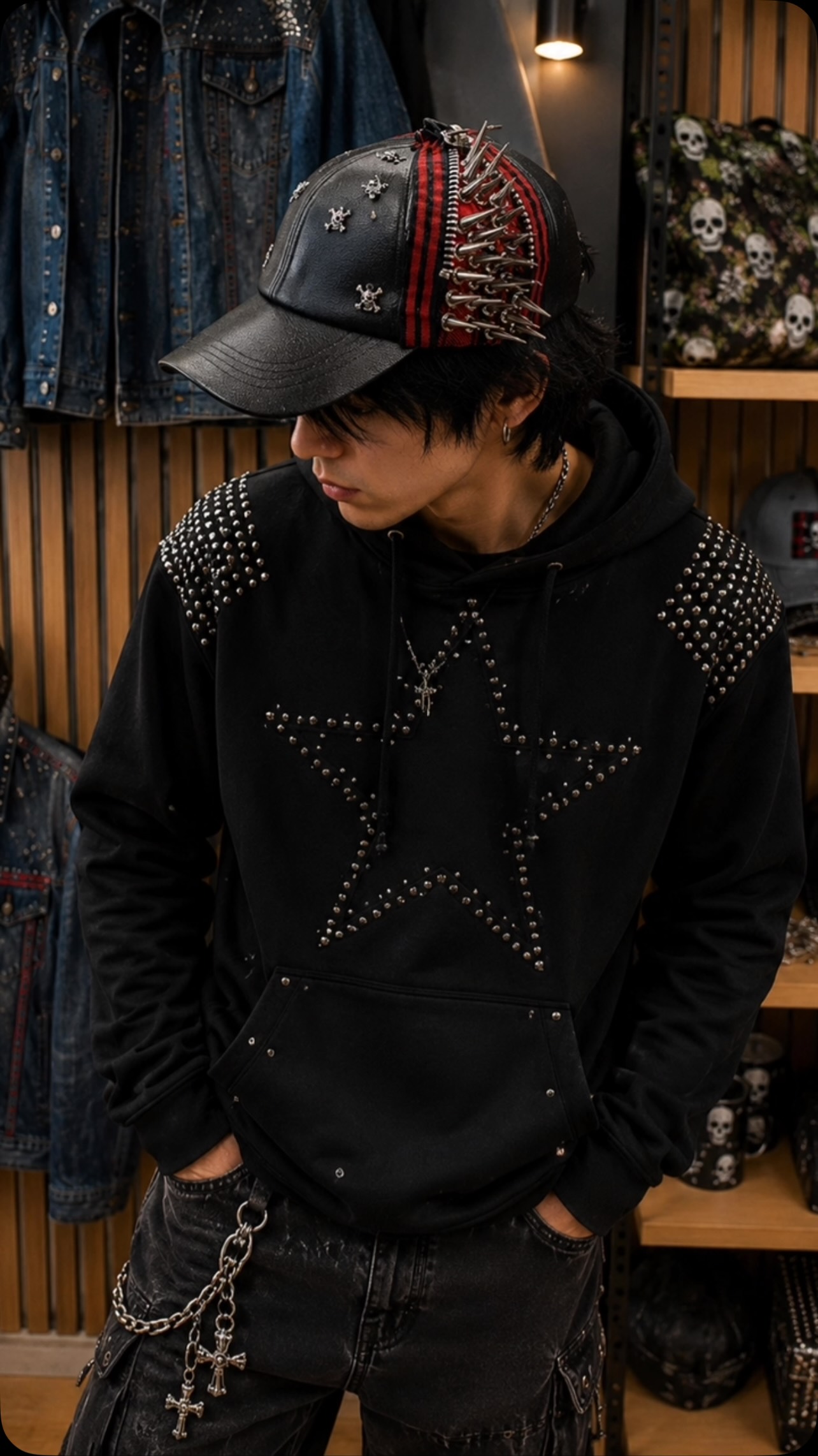 Polerón negro con tachas, estrella frontal y gorro con aplicaciones punk.